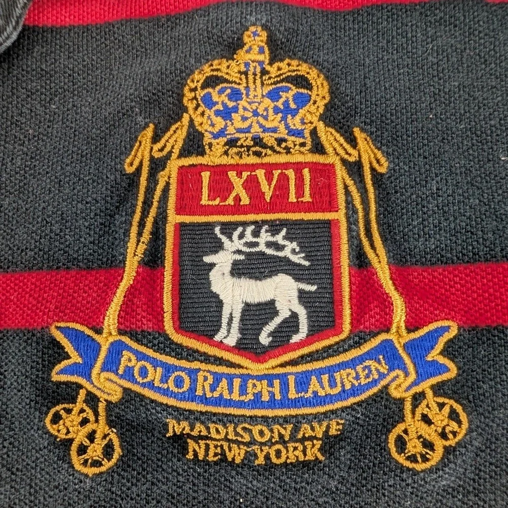 Polo Ralph Lauren Rugby Shirt Striped Crest Long Sleeve‎ Black Red Kids L 16/18